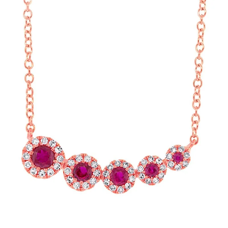 Twisted Necklaces-14K Rose Gold Diamond and Ruby Halo Necklace