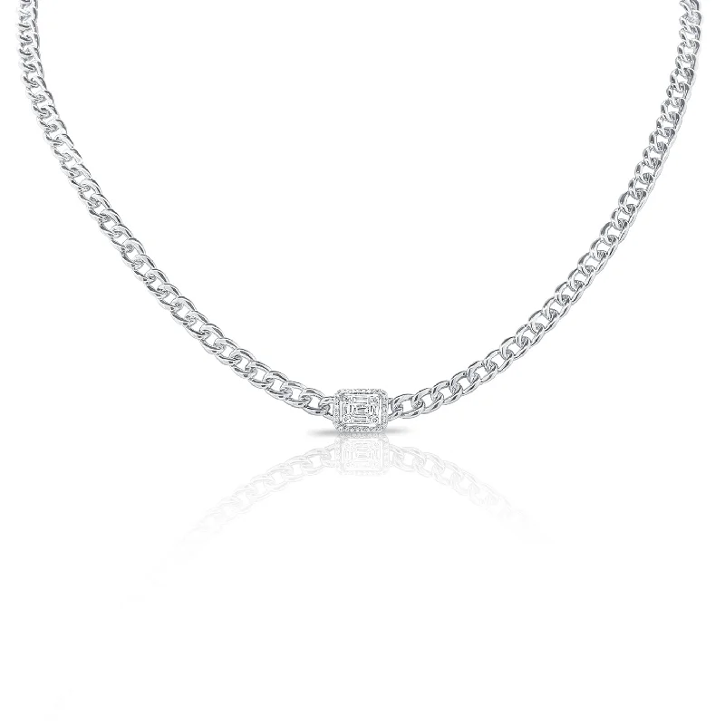 Opal Necklaces-14K White Gold Diamond Center & Curb Link Collar/Choker Necklace