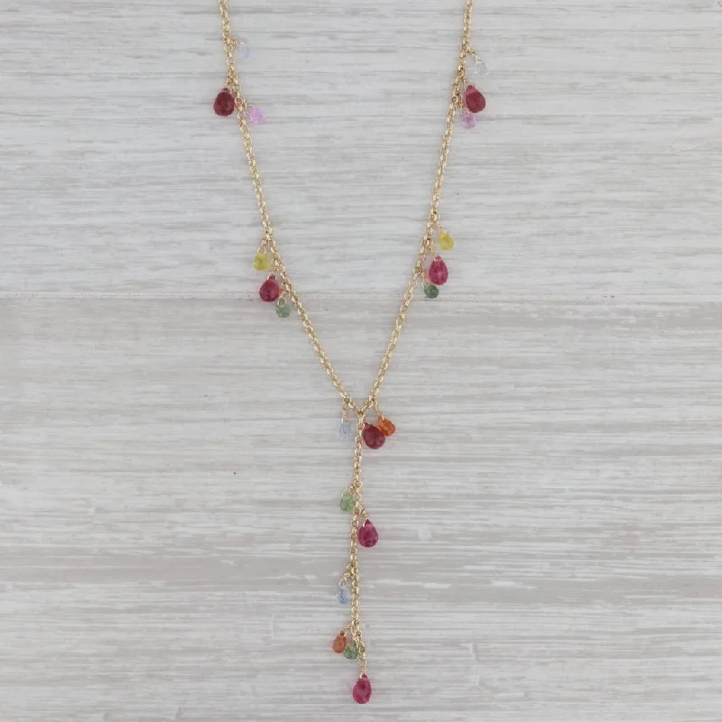 Designer Necklaces-Sapphire Tourmaline Briolette Lariat Necklace 14k Yellow Gold Rolo Chain 16"