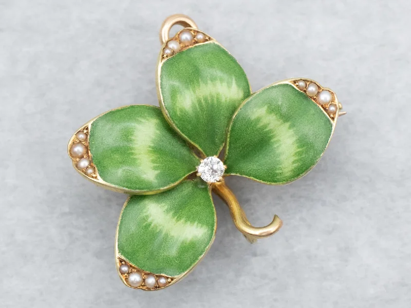 Statement Diamond Brooch-Enamel Clover Brooch or Pendant