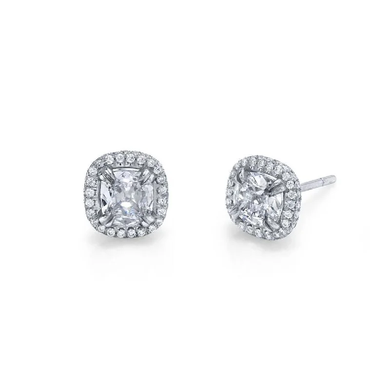 Luxurious Earrings-Platinum Diamond Pave Halo Stud Earrings