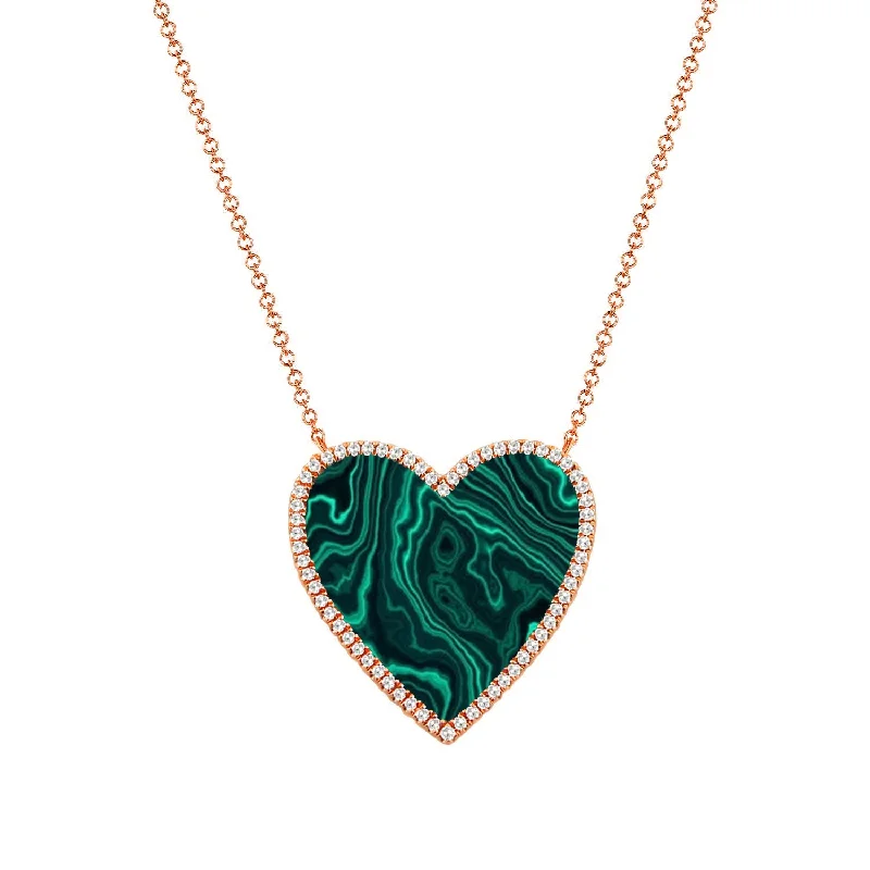 Yellow Gold Necklaces-14K Rose Gold Diamond + Malacite Large Heart Necklace