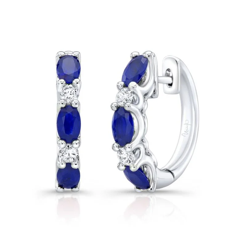 Diamond Earrings-Round Diamond and Oval Blue Sapphire Huggie Hoop Earrings in 18K White Gold