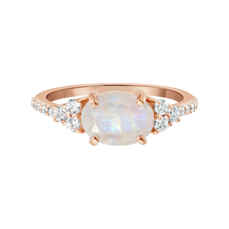 Thin Gold Rings-Rose Gold Rainbow Moonstone & Diamond Isla Ring