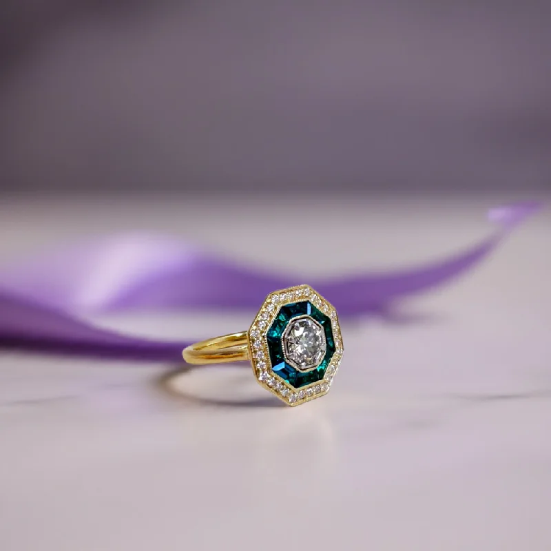 Promise Ring Set-Art Deco Inspired Emerald and Diamond Ring