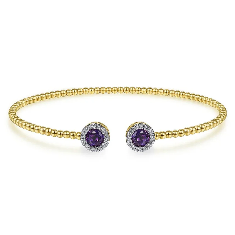 Bridal Cuff Bangles-Gabriel & Co. 14K Yellow Gold Round Amethyst and Diamond Halo Bujukan Bangle