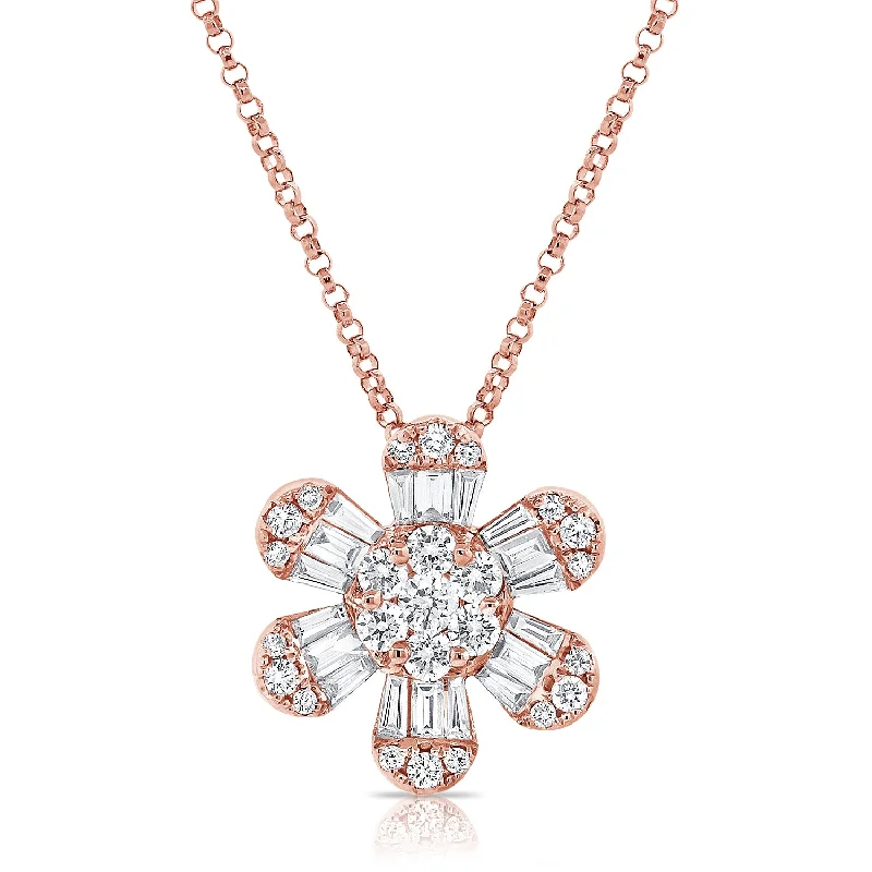 Aquamarine Necklaces-14K Rose Gold Diamond Flower Necklace