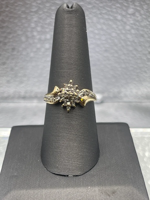 Double Rings-Ladies 14 Karat Yellow Gold Petite Diamond Cluster Ring