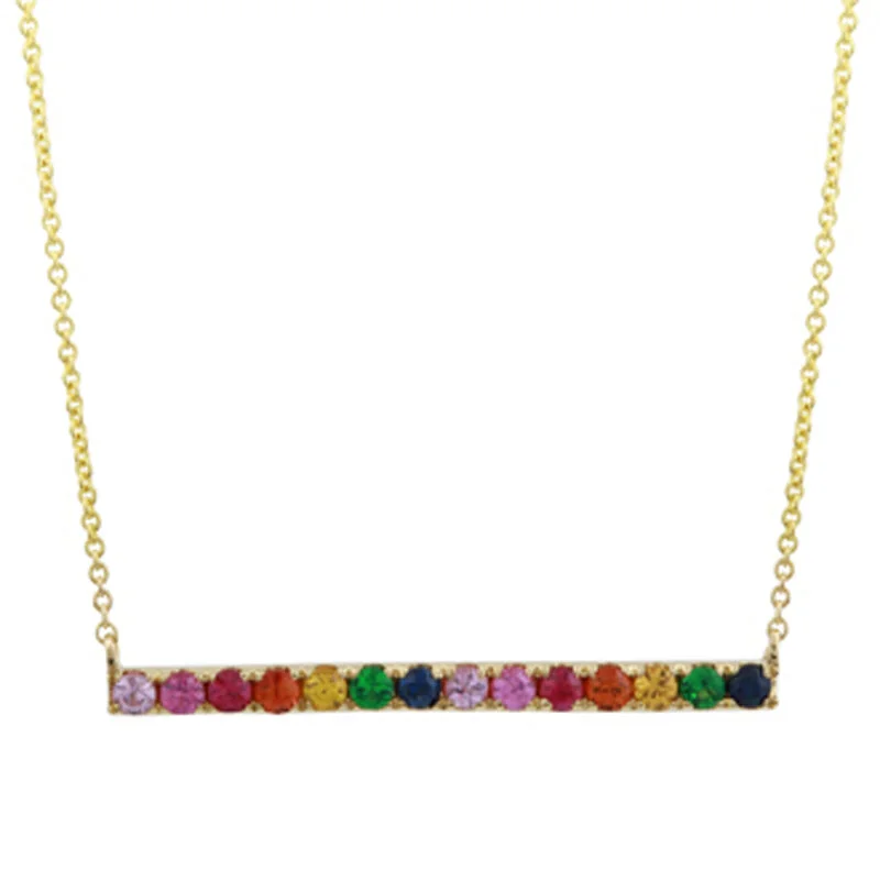 Long Gold Necklaces-14K Yellow Gold Multi-Sapphire Rainbow Bar Necklace