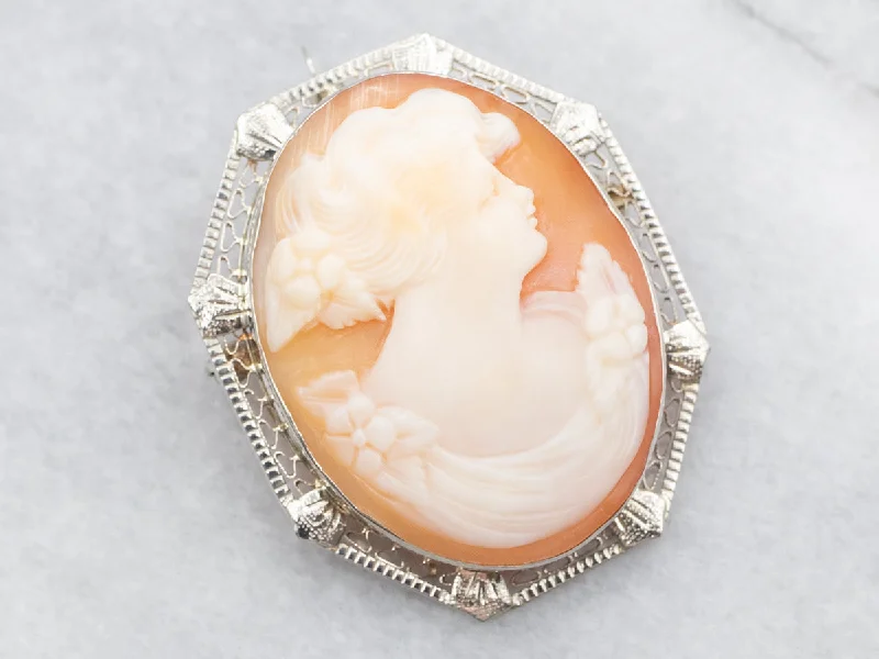 Handmade Flower Brooch-White Gold Oval Cut Cameo Brooch or Pendant with Filigree Frame