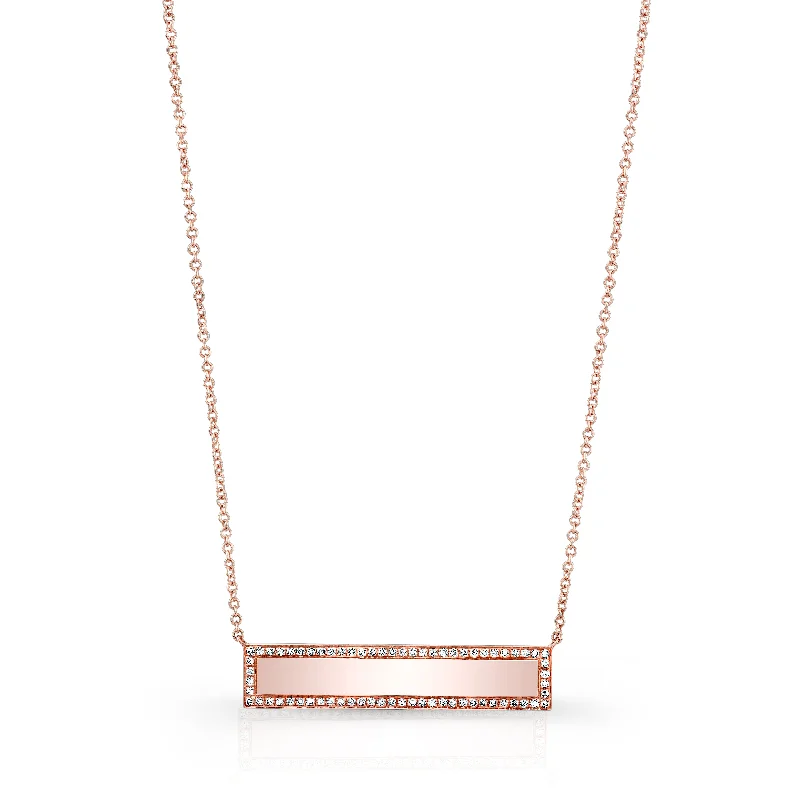 Gold and Silver Necklaces-14K Rose Gold Diamond Engravable Bar Necklace