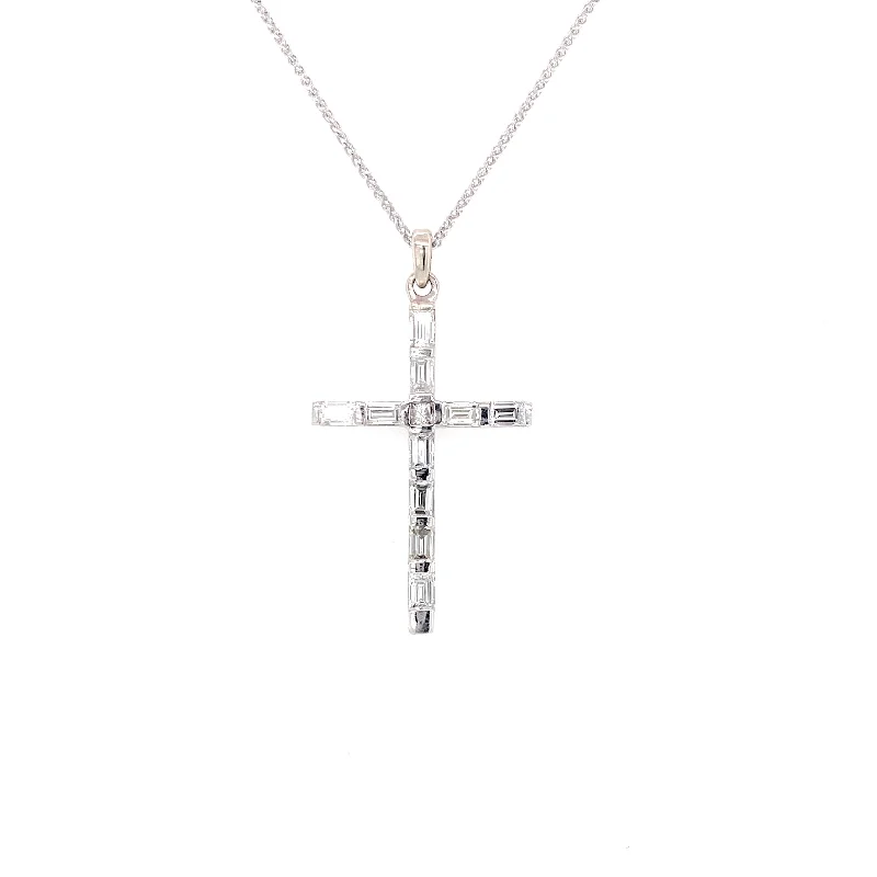 Personalized Pendant Necklaces-14K White Gold Round+Baguette Diamond Cross