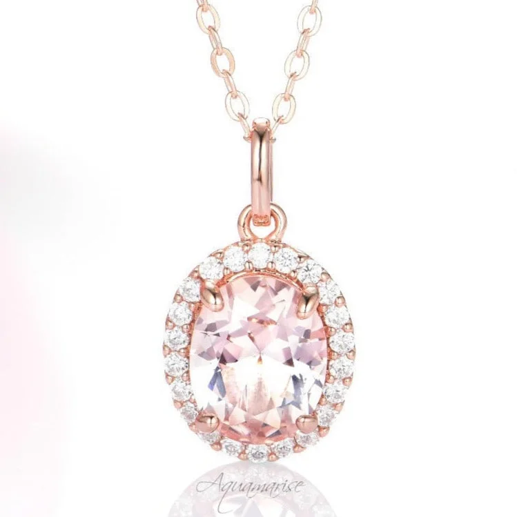 Gemstone Heart Necklaces-Iris Oval Morganite Necklace- 14K Rose Gold Vermeil