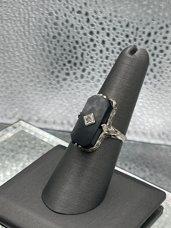 Custom Engagement Rings-Antique Ladies 14 Karat White Gold Filgree & Black Onyx Ring