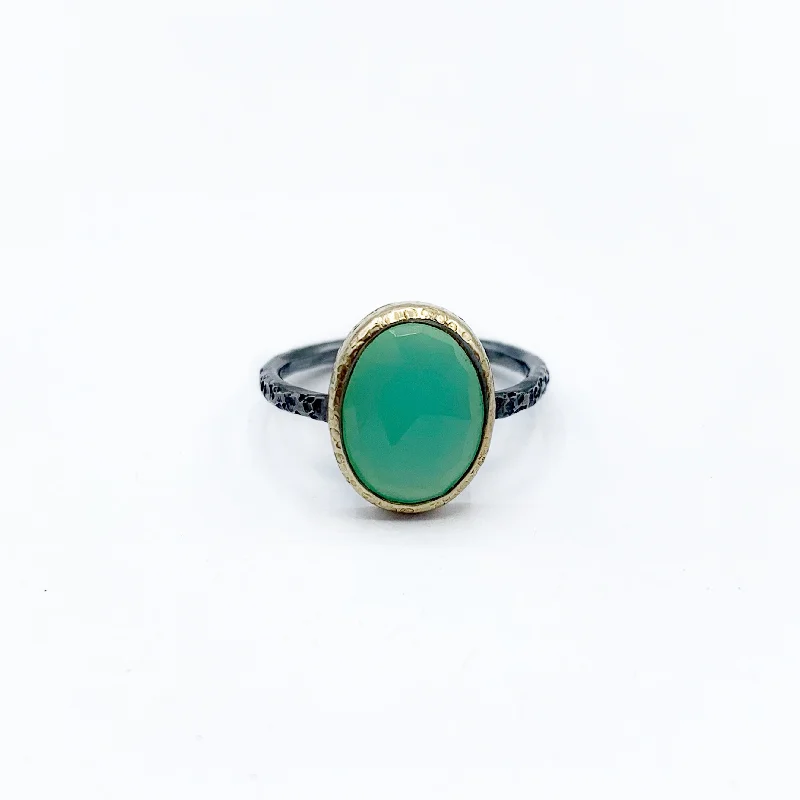 Aquamarine Rings-Sterling Silver and Gold Chrysoprase Hammered Ring