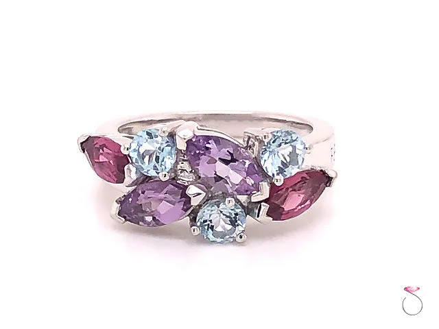 Customizable Rings-Louis Feraud Aquamarine, Amethyst and Garnet Cluster Band Ring