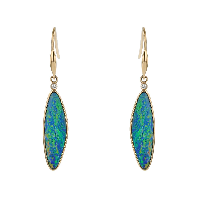 Black Earrings-Opal Doublet and Diamond Drop Earrings in 14K Yellow Gold