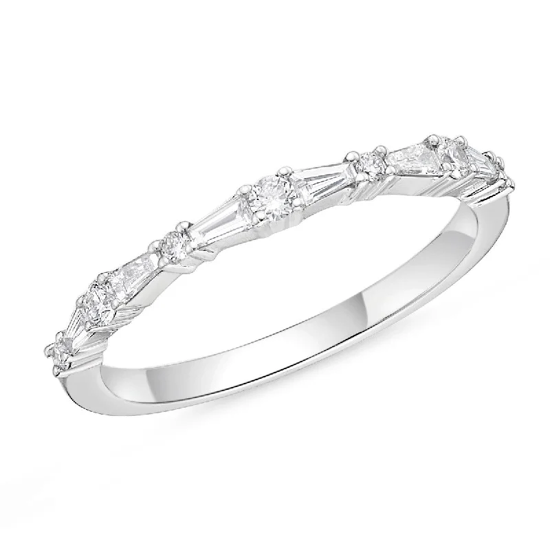 Three-Stone Engagement Rings-Memoire 18k White Gold Alternating Tapered Baguette and Round Diamond Stackable Ring