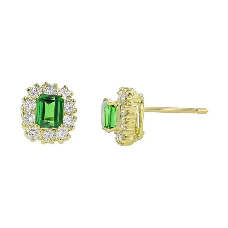 Bold Earrings-Emerald-cut Green Tsavorite and Diamond Halo Earrings