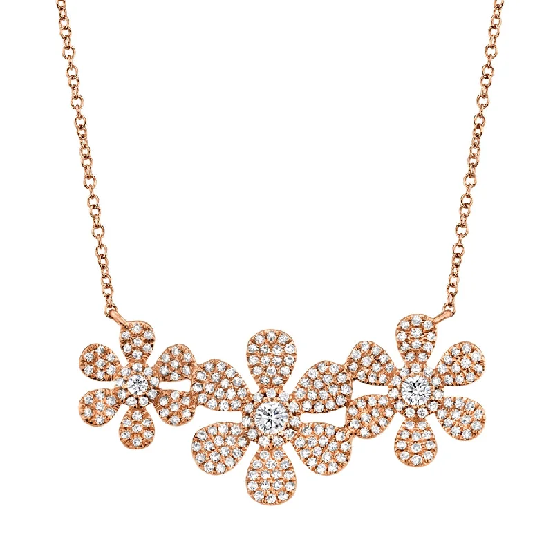 Triangular Necklaces-14K Rose Gold Diamond Tri-Flower Necklace