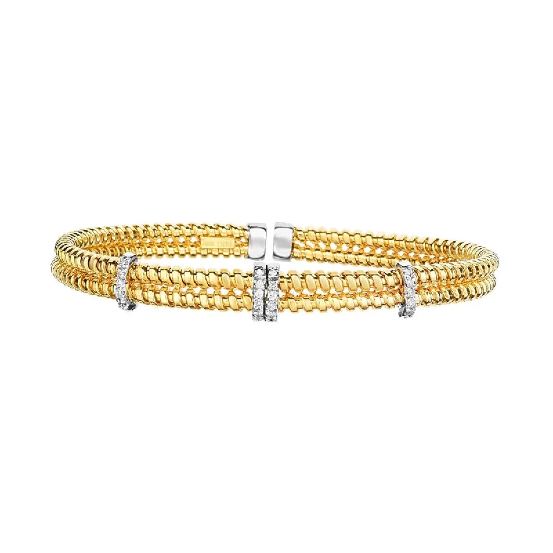 Fancy Bangles-14Kt Yellow+White Gold 8mm Shiny 0.14Ct 1/2 Pointe R Faceted Round Diamond 3 Barrel Element On 2 Row Wire Textured Fancy Flexable Cuff Type Bangle N3793