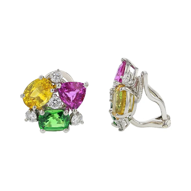 Pave Earrings-Tsavorite, Pink Sapphire, Yellow Sapphire and Diamond Earrings