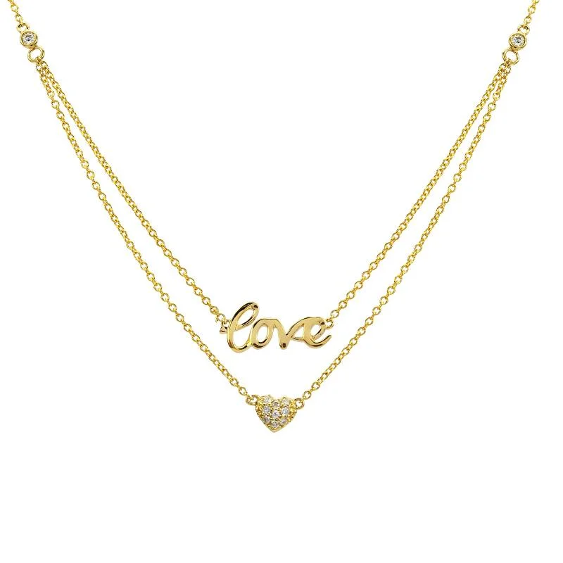 Yellow Gold Necklaces-14K Yellow Gold Layered Diamond Love + Heart Necklace