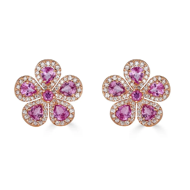 Green Earrings-Pink Sapphire & Diamond Classic Flower Earrings