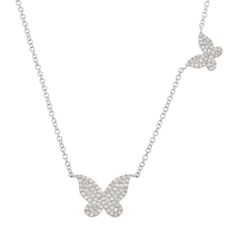 Rose Quartz Necklaces-14K White Gold Double Butterfly Diamond Necklace