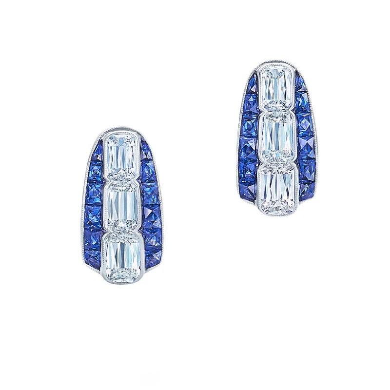 Wedding Stud Earrings-Ashoka Huggie Earrings with Diamonds and Sapphires