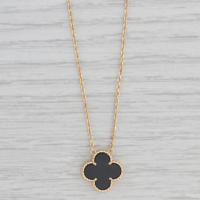 Personalized Pendant Necklaces-Van Cleef Arpels VCA Alhambra Black Onyx Clover Necklace 18k Gold 7.25" Box COA