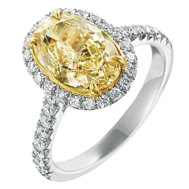 Custom Moissanite Rings-Fancy Yellow Oval 2.41 Carat GIA Diamond Halo Platinum & 18K Engagement Ring