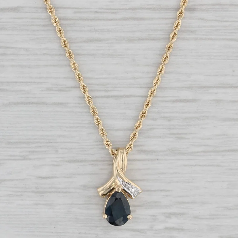 Diamond Pendant Necklaces-0.80ct Blue Sapphire Diamond Teardrop Pendant Necklace 14k Gold 18" Rope Chain