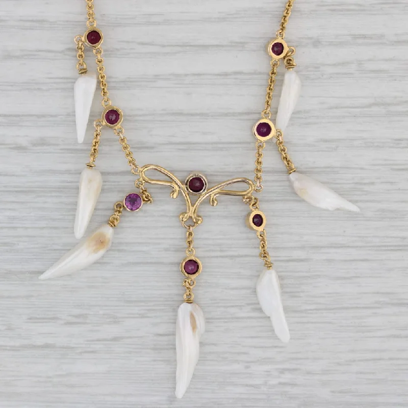 Large Gemstone Necklaces-Cultured Pearl Fringe Garnet Station Lavalier Necklace 18k Yellow Gold 16.5"