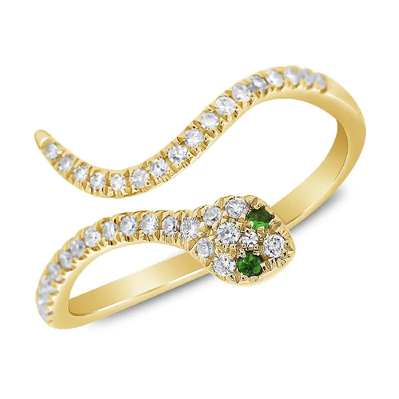 Wedding Ring Sets-Captivating Snake Ring with Diamonds and Green Tsavorite in 14K Gold