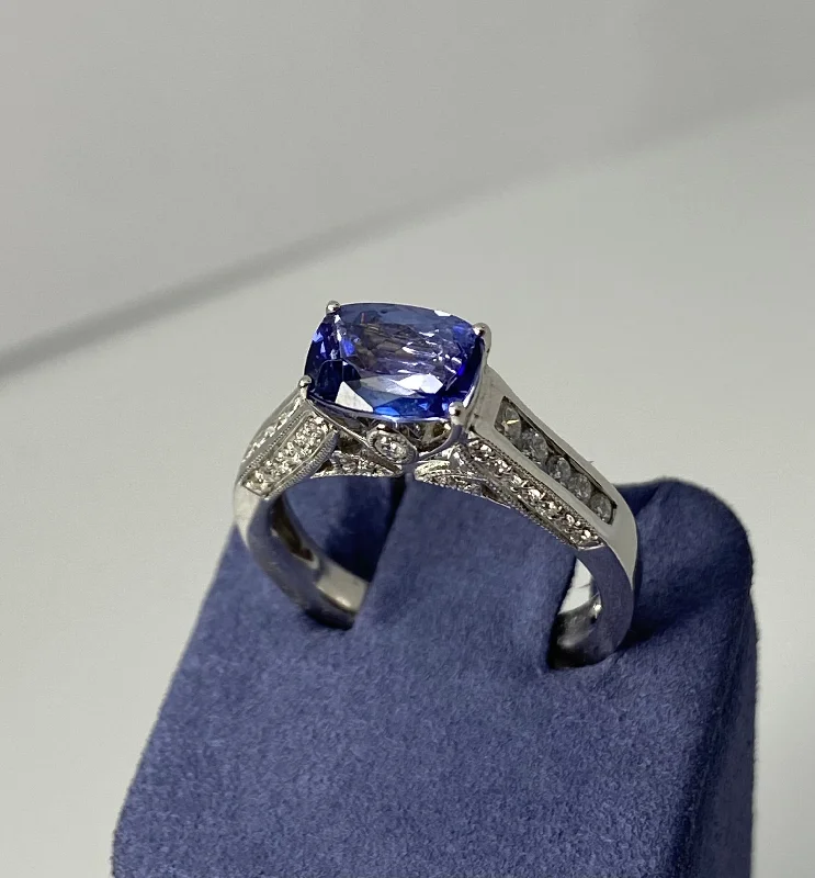 Customizable Wedding Bands-White Gold Cushion-Cut Natural Tanzanite and Diamond Ring