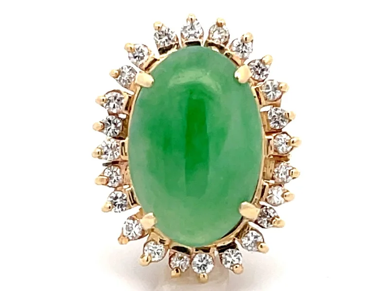 Three-Stone Rings-Diamond Halo Jade Ring in 14K Yellow Gold