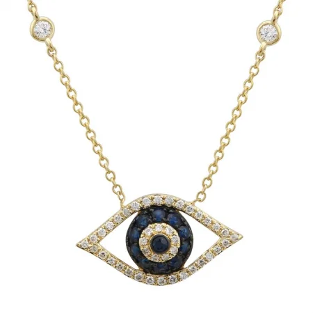 Custom Name Necklaces-14K Yellow Gold Diamond + Blue Sapphire Evil Eye Necklace