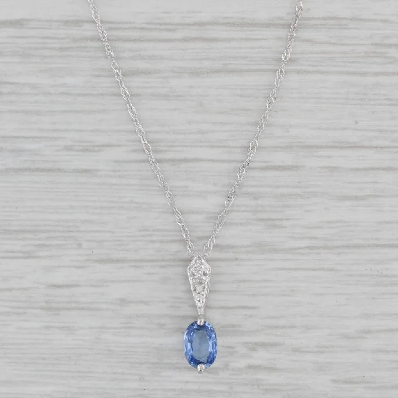 Flower Necklaces-0.40ct Blue Sapphire Diamond Pendant Necklace 14k White Gold 18" Singapore Chain