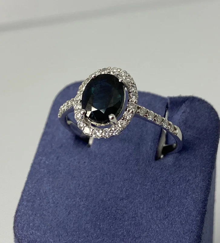 Modern Wedding Rings-White Gold Oval-Shape Natural Sapphire and Diamond Ring