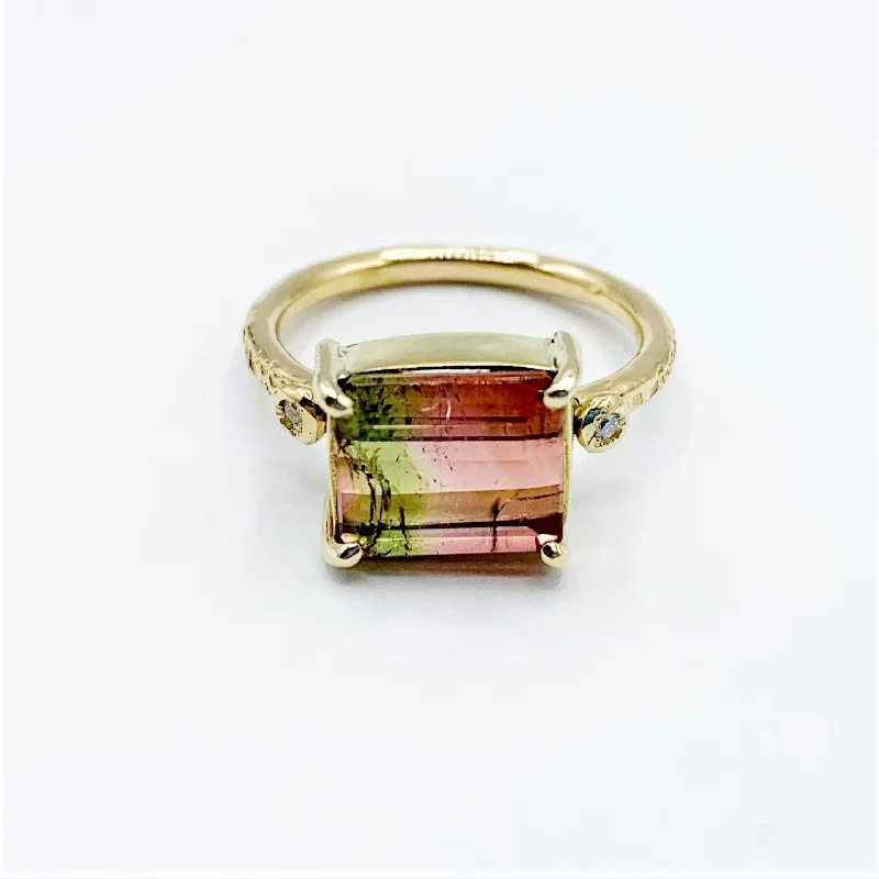 Stacked Rings-Rainbow of Tourmaline with Diamonds Ring