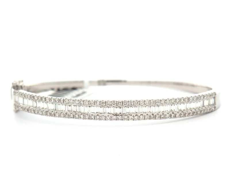 Luxury Bridal Bangles-New 2.20ctw Round and Baguette Triple Row Bangle Bracelet in 14K