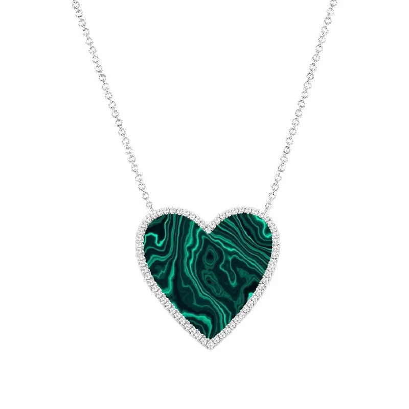 Sterling Silver Pendant Necklaces-14K White Gold Diamond + Malacite Large Heart Necklace