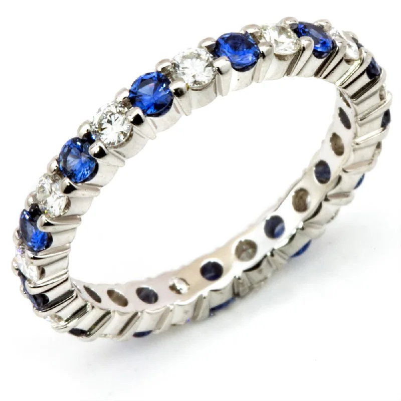 Handmade Diamond Rings-Sapphire & Diamond Eternity Wedding Band Anniversary Ring 18K