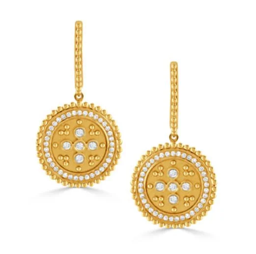 Sparkling Earrings-Byzantine 0.39Ct Diamond Satin Finish Halo Drop Earrings in 18k Yellow Gold