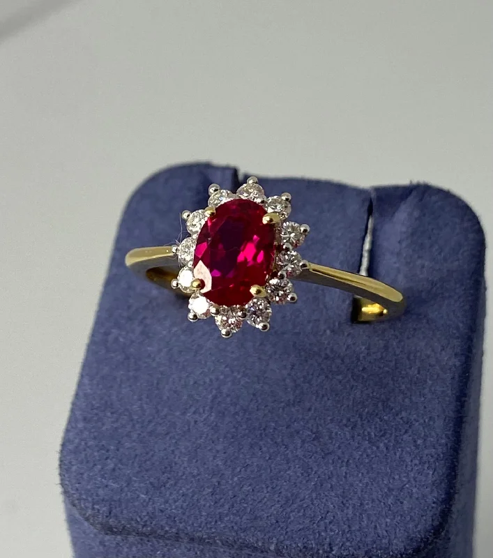 Wedding Bands for Couples-Yellow Gold Oval-Shape Natural Ruby and Diamond Ring