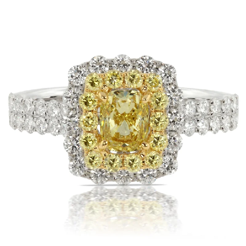 Multicolor Gemstone Rings-Fancy Yellow Cushion Diamond Halo Engagement Ring 18K White Gold