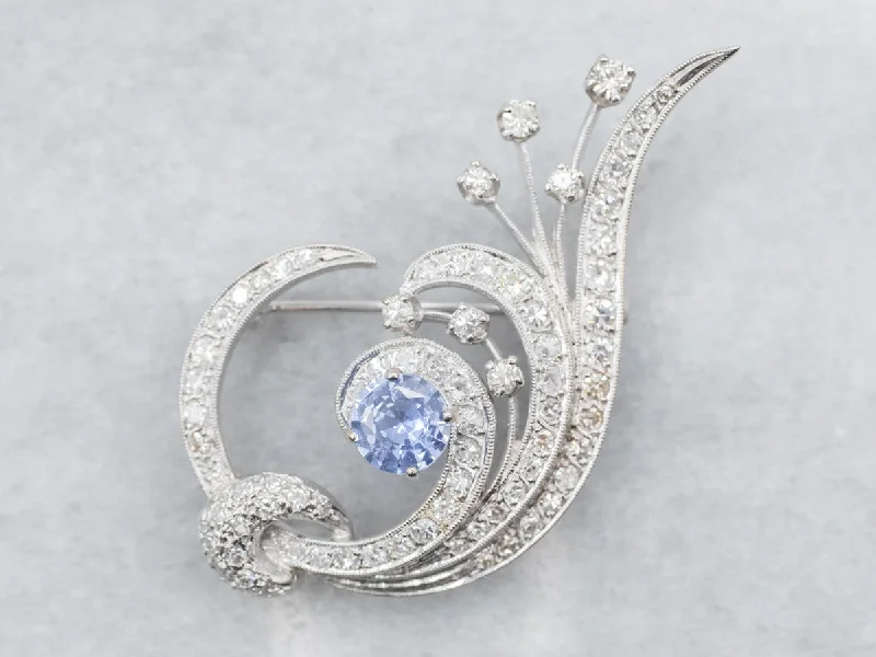 Leaf and Flower Brooch-Retro Era White Gold Sapphire and Diamond Brooch