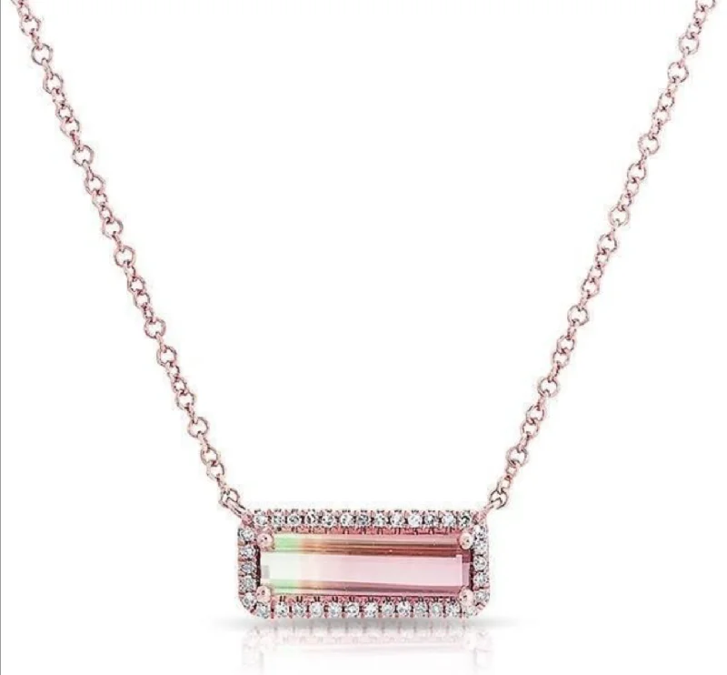 Simple Necklaces-14K Rose Gold Watermelon Tourmaline Bar Necklace