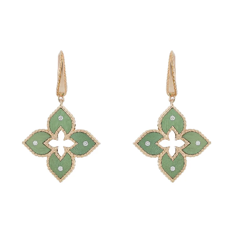 Retro Earrings-18K Rose Gold Small Green Titanium and Diamond Flower Dangle Earrings